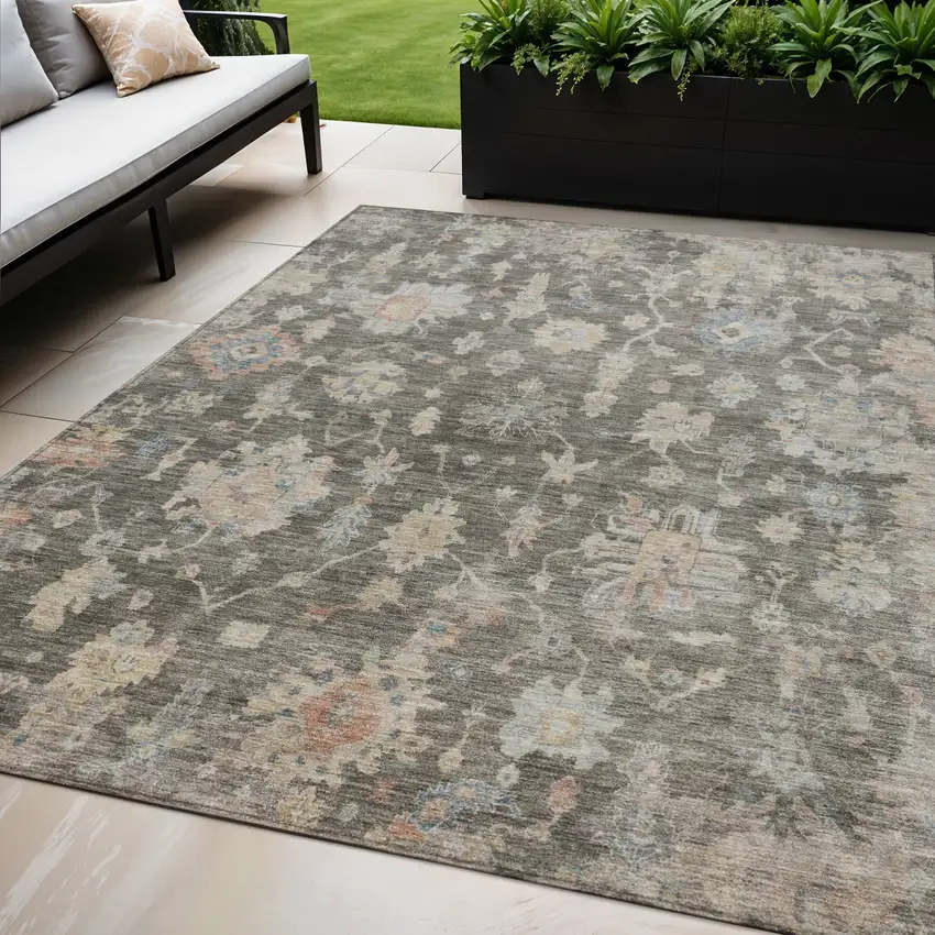 Gray Beige And Blue Floral Washable Indoor Outdoor Area Rug Photo 1