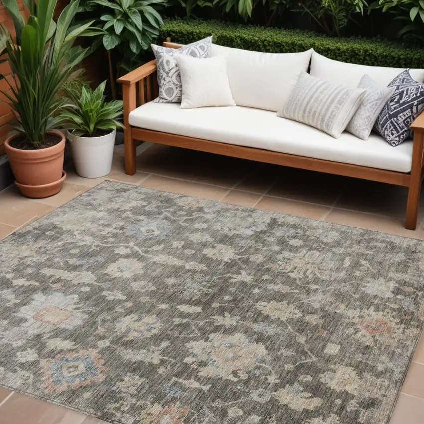 Gray Beige And Blue Floral Washable Indoor Outdoor Area Rug Photo 1