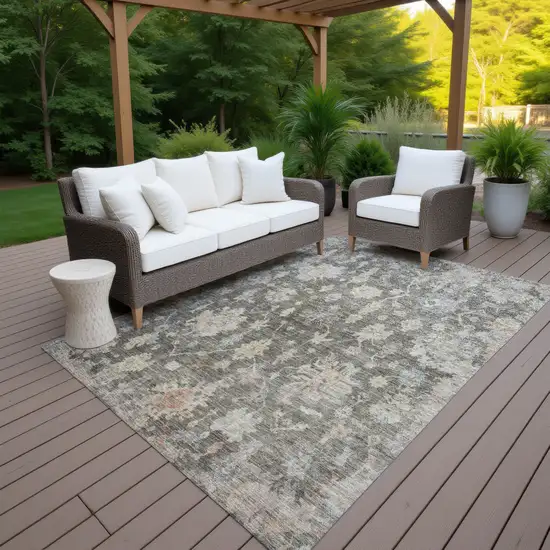 Gray Beige And Blue Floral Washable Indoor Outdoor Area Rug Photo 6