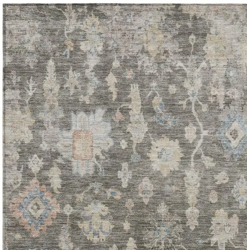 Gray Beige And Blue Floral Washable Indoor Outdoor Area Rug Photo 3