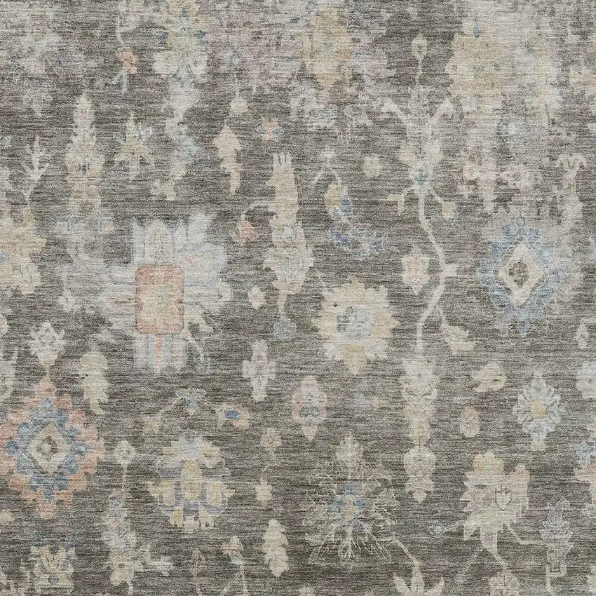 Gray Beige And Blue Floral Washable Indoor Outdoor Area Rug Photo 3