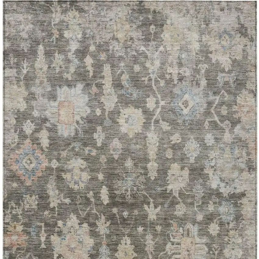 Gray Beige And Blue Floral Washable Indoor Outdoor Area Rug Photo 4
