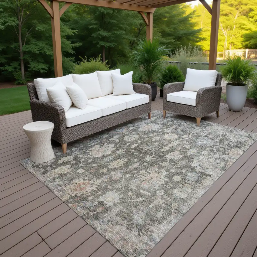 Gray Beige And Blue Floral Washable Indoor Outdoor Area Rug Photo 5