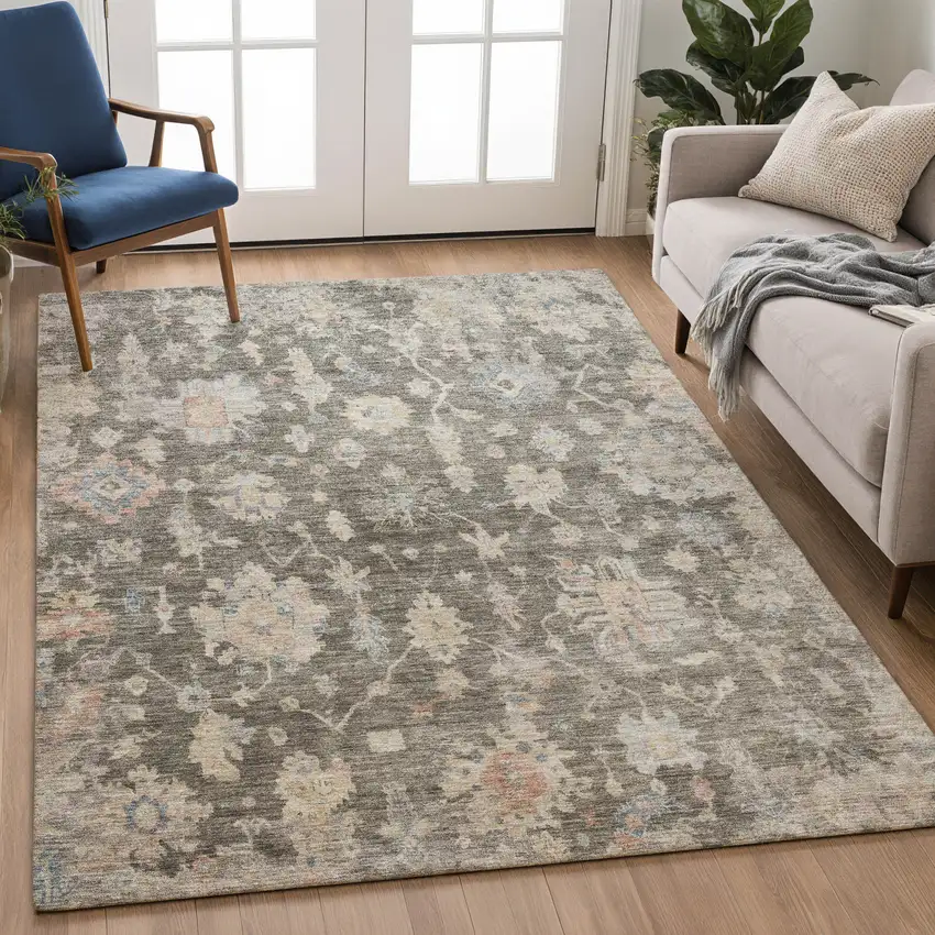 Gray Beige And Blue Floral Washable Indoor Outdoor Area Rug Photo 3