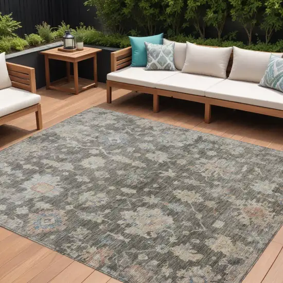 Gray Beige And Blue Floral Washable Indoor Outdoor Area Rug Photo 1