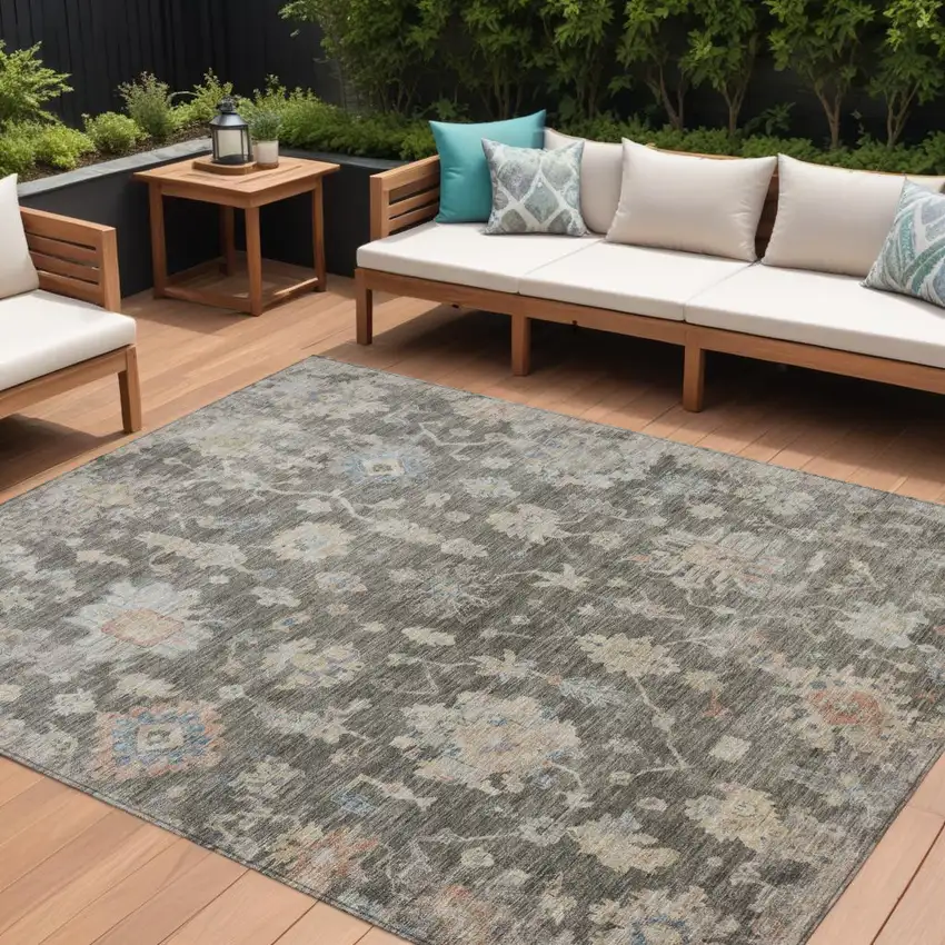 Gray Beige And Blue Floral Washable Indoor Outdoor Area Rug Photo 1
