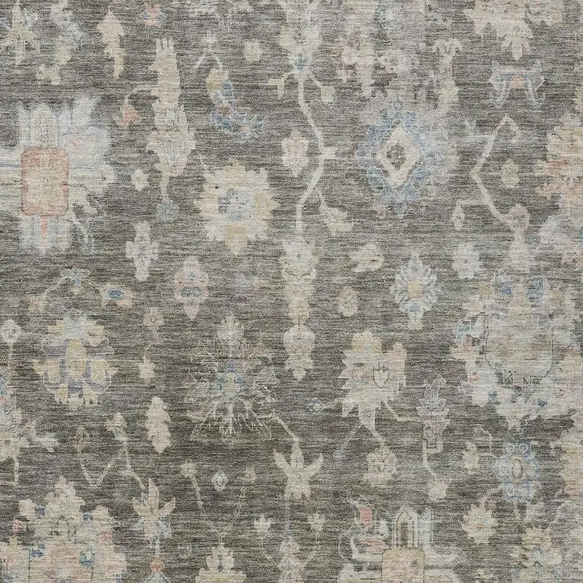 Gray Beige And Blue Floral Washable Indoor Outdoor Area Rug Photo 4