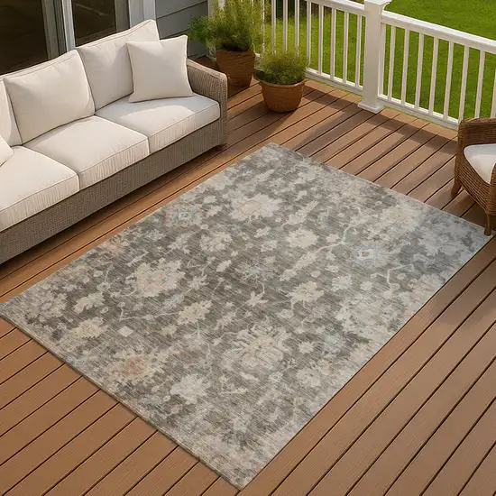Gray Beige And Blue Floral Washable Indoor Outdoor Area Rug Photo 2