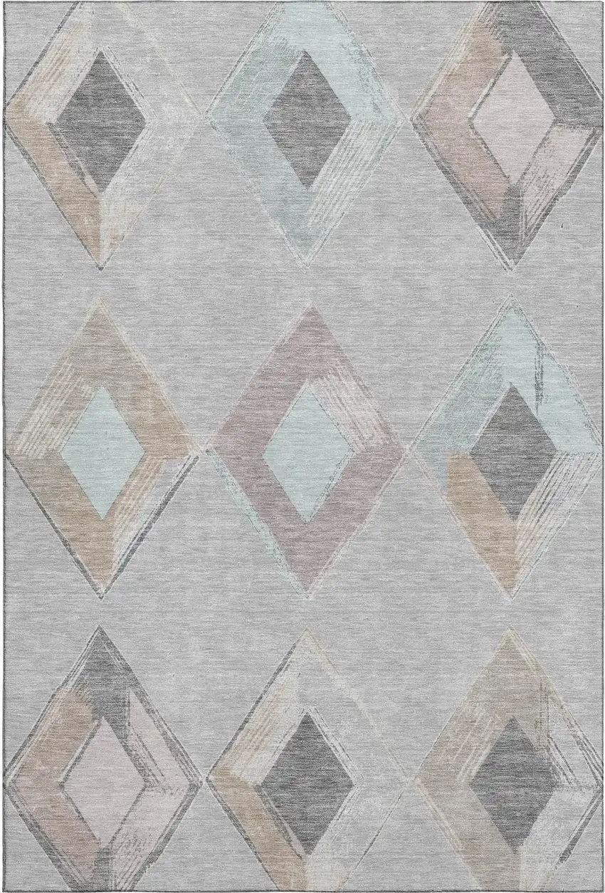Gray Beige And Charcoal Geometric Washable Area Rug With UV Protection Photo 1