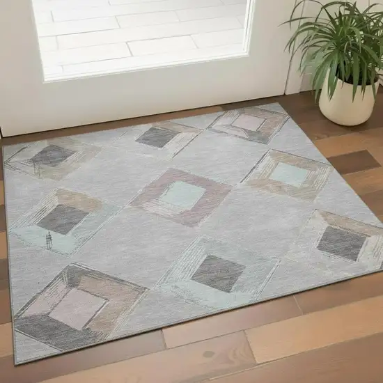 Gray Beige And Charcoal Geometric Washable Area Rug With UV Protection Photo 2