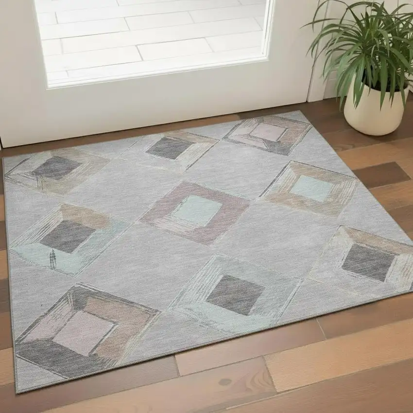 Gray Beige And Charcoal Geometric Washable Area Rug With UV Protection Photo 2
