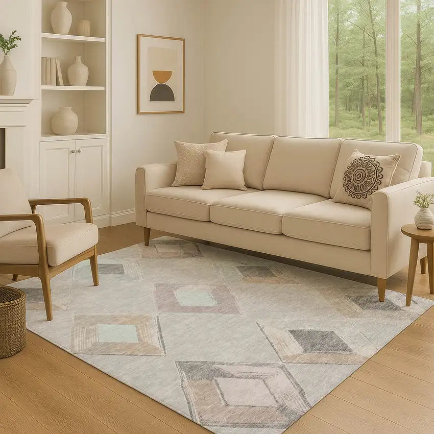 Gray Beige And Charcoal Geometric Washable Area Rug With UV Protection Photo 5