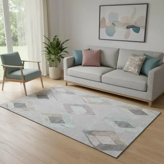 Gray Beige And Charcoal Geometric Washable Area Rug With UV Protection Photo 2