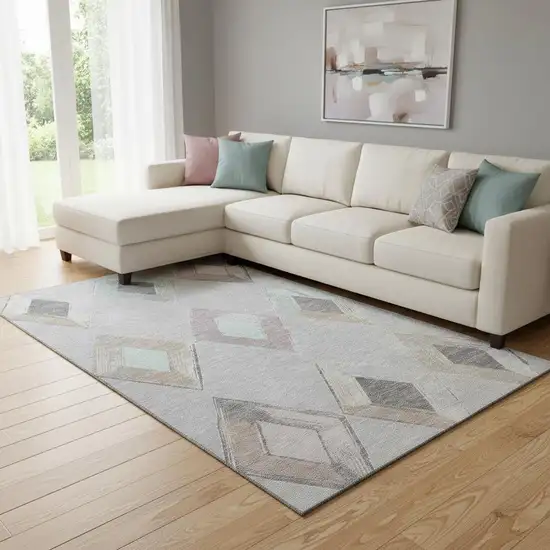 Gray Beige And Charcoal Geometric Washable Area Rug With UV Protection Photo 2