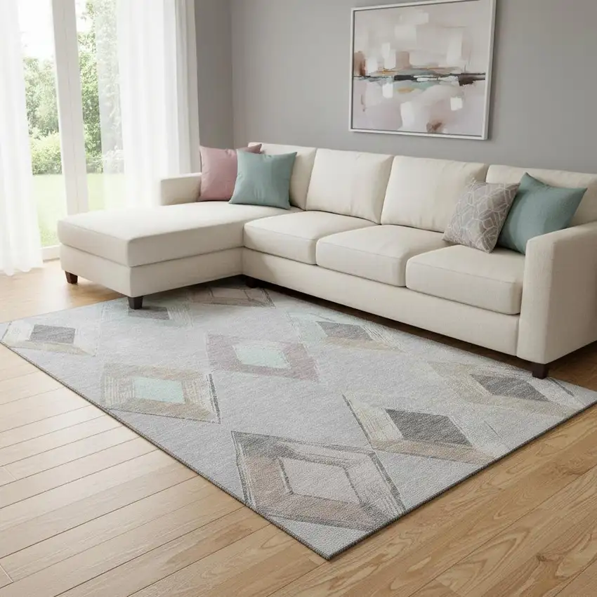 Gray Beige And Charcoal Geometric Washable Area Rug With UV Protection Photo 2