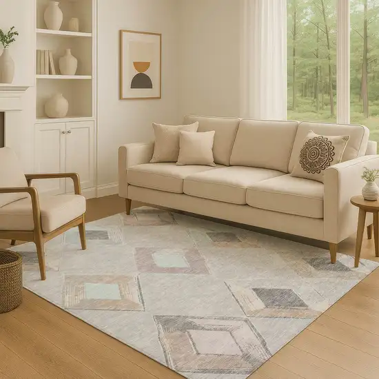 Gray Beige And Charcoal Geometric Washable Area Rug With UV Protection Photo 5