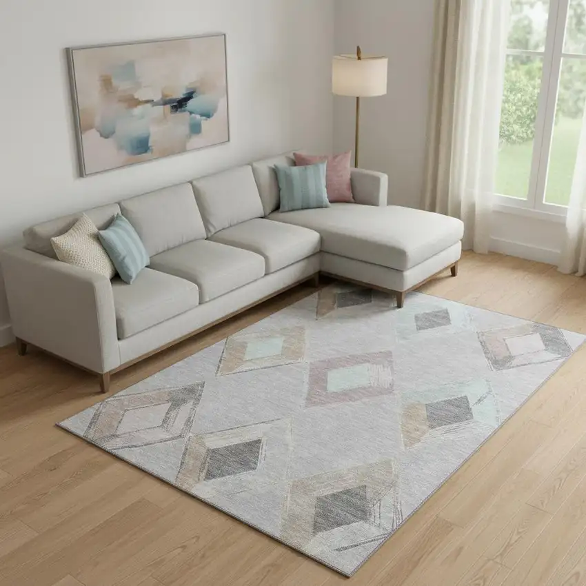 Gray Beige And Charcoal Geometric Washable Area Rug With UV Protection Photo 2