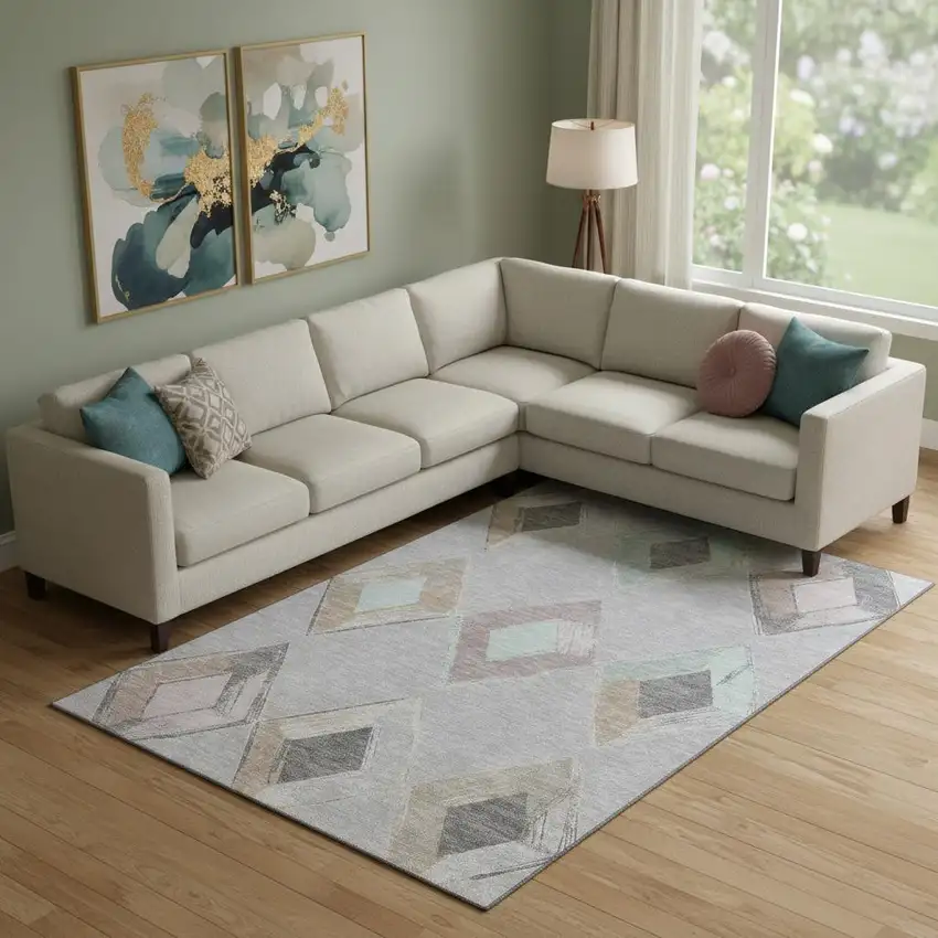 Gray Beige And Charcoal Geometric Washable Area Rug With UV Protection Photo 2