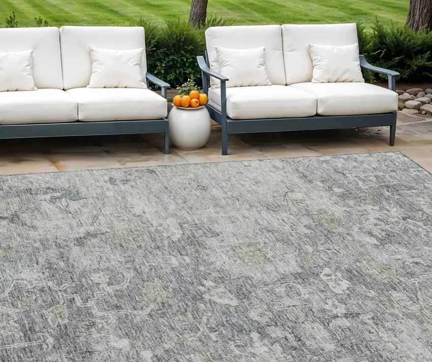 Gray Beige And Charcoal Oriental Washable Indoor Outdoor Area Rug Photo 1