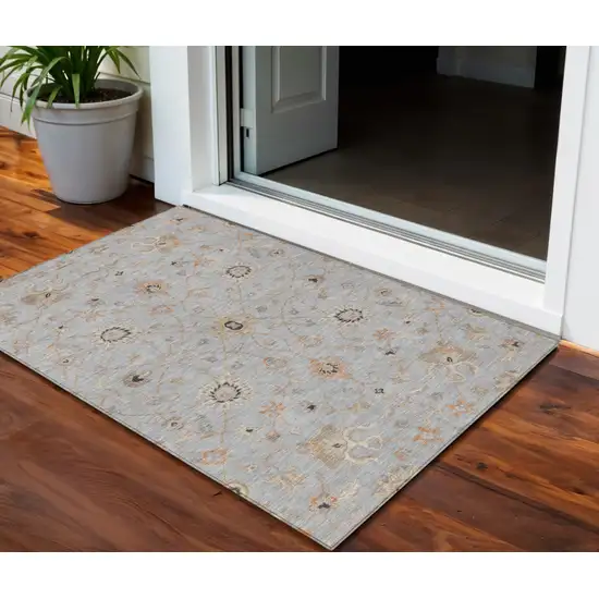 Gray Beige And Coral Floral Washable Indoor Outdoor Area Rug Photo 1