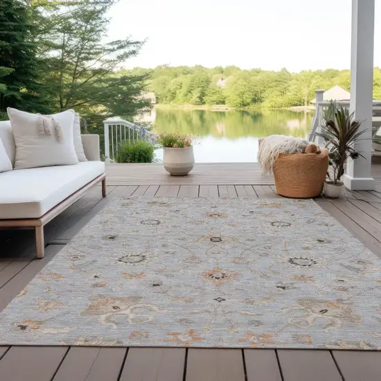 Gray Beige And Coral Floral Washable Indoor Outdoor Area Rug Photo 8