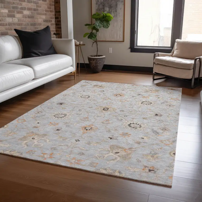 Gray Beige And Coral Floral Washable Indoor Outdoor Area Rug Photo 9