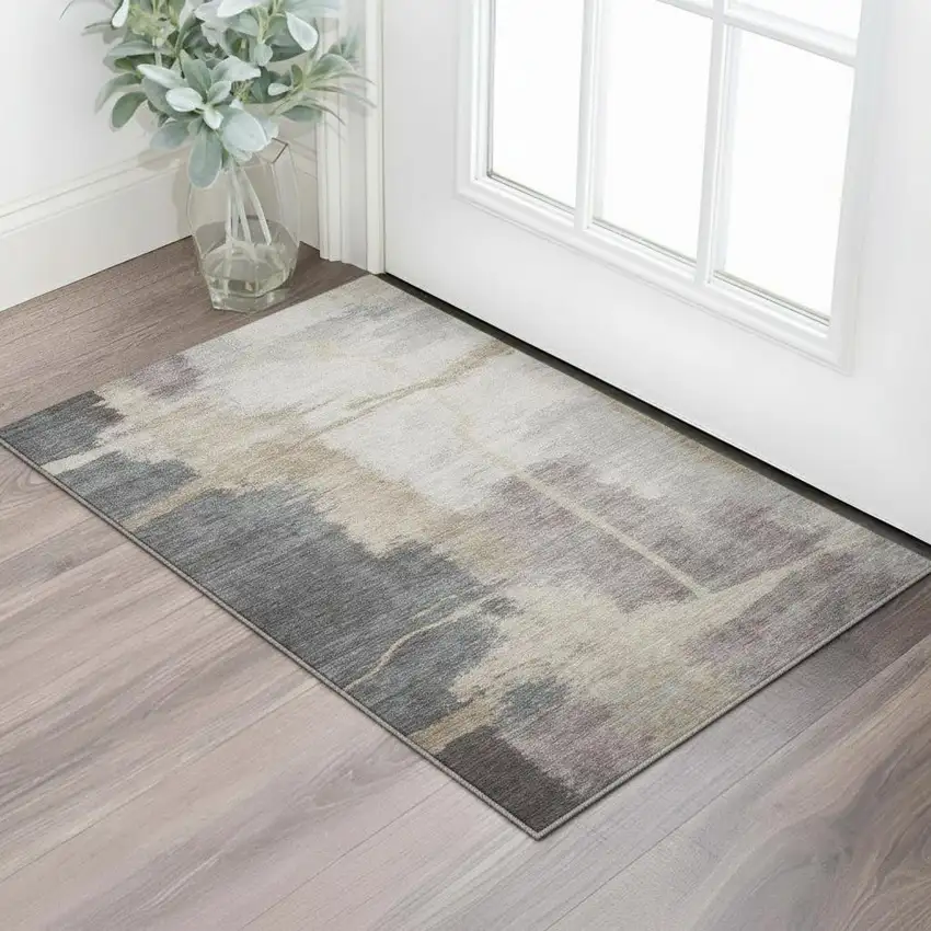 Gray Beige And Ivory Abstract Washable Area Rug With UV Protection Photo 1