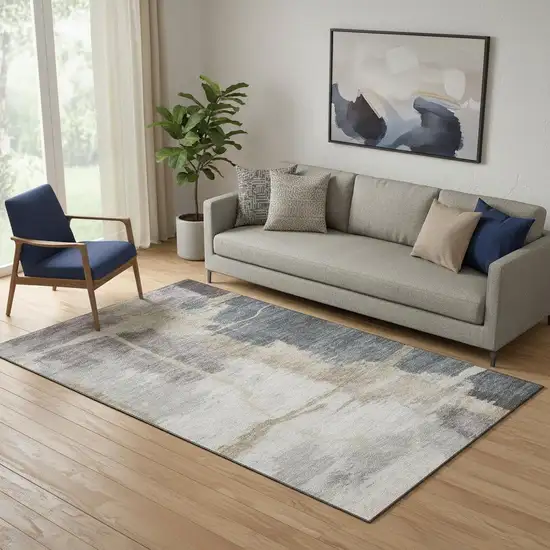 Gray Beige And Ivory Abstract Washable Area Rug With UV Protection Photo 1