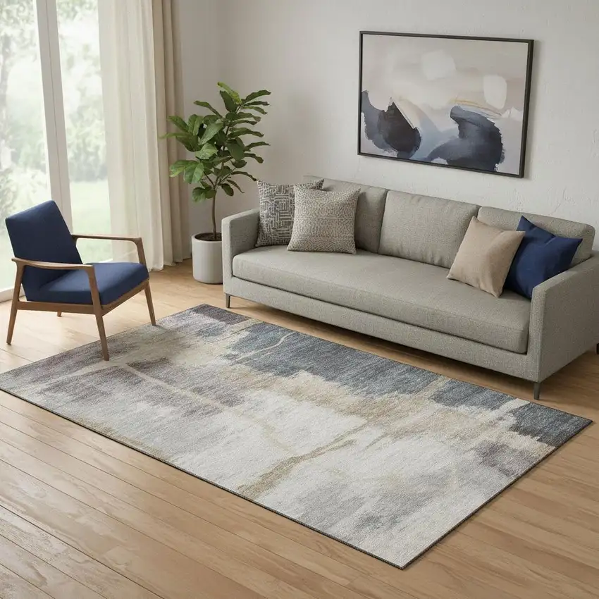Gray Beige And Ivory Abstract Washable Area Rug With UV Protection Photo 1