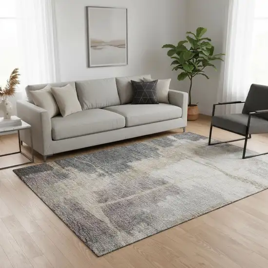 Gray Beige And Ivory Abstract Washable Area Rug With UV Protection Photo 2