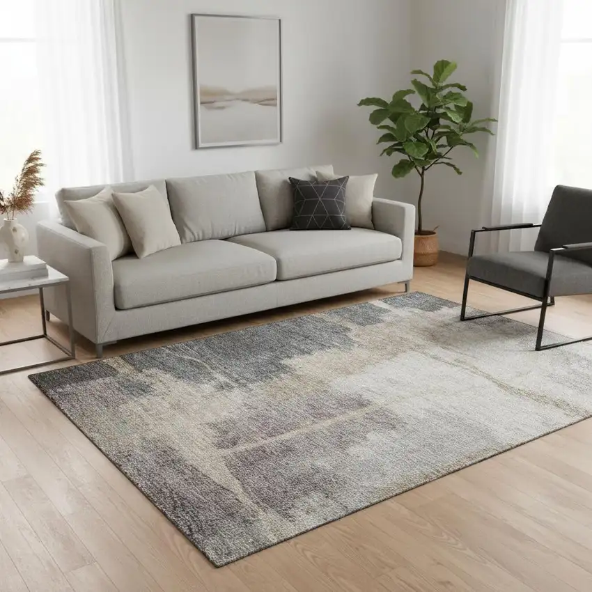 Gray Beige And Ivory Abstract Washable Area Rug With UV Protection Photo 2