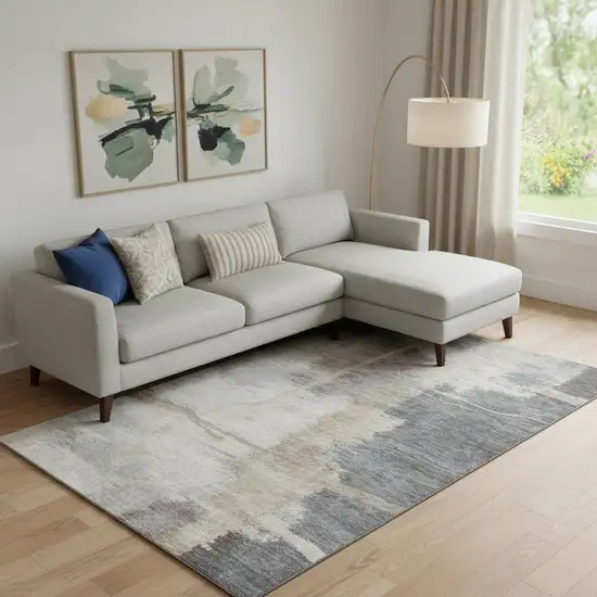 Gray Beige And Ivory Abstract Washable Area Rug With UV Protection Photo 1