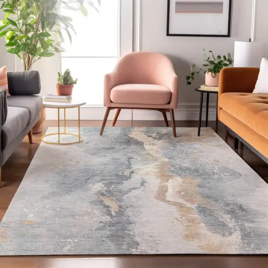 Gray Beige And Ivory Abstract Washable Area Rug With UV Protection Photo 5