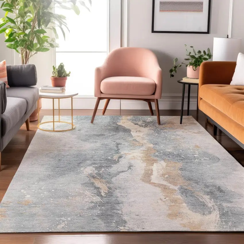 Gray Beige And Ivory Abstract Washable Area Rug With UV Protection Photo 4