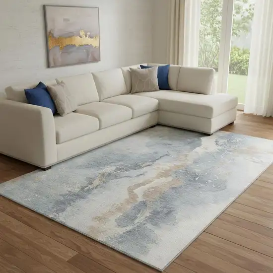 Gray Beige And Ivory Abstract Washable Area Rug With UV Protection Photo 2