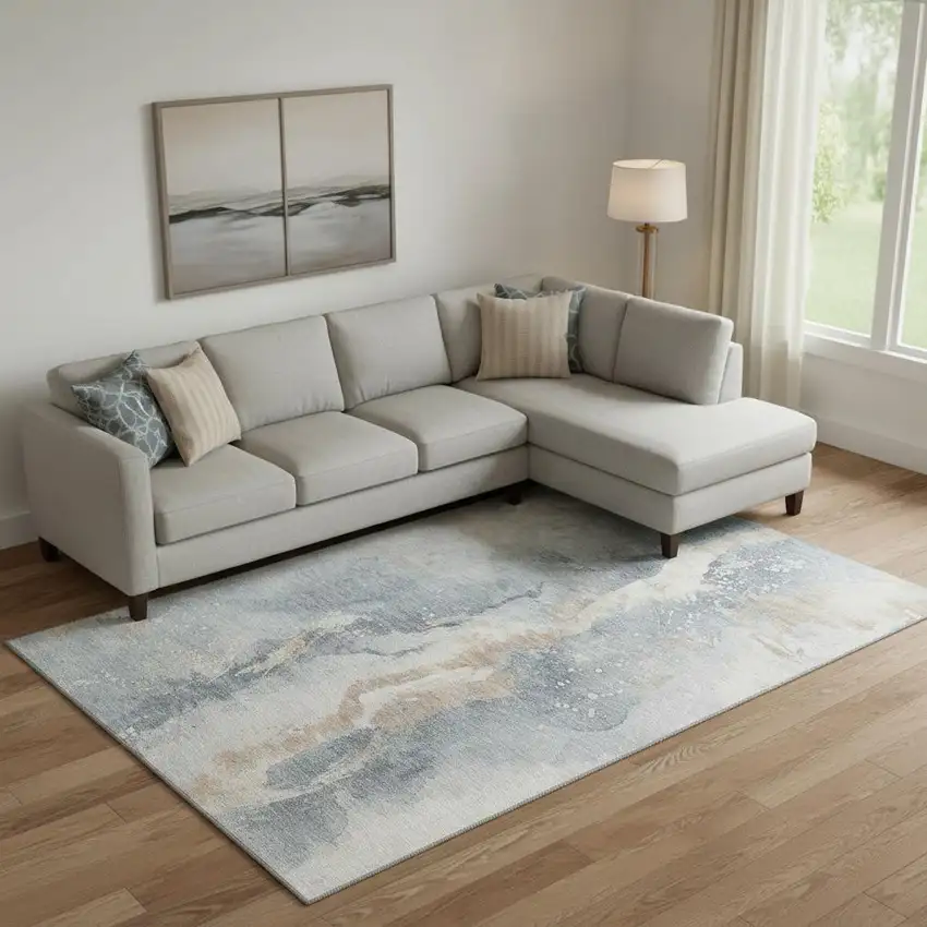 Gray Beige And Ivory Abstract Washable Area Rug With UV Protection Photo 2