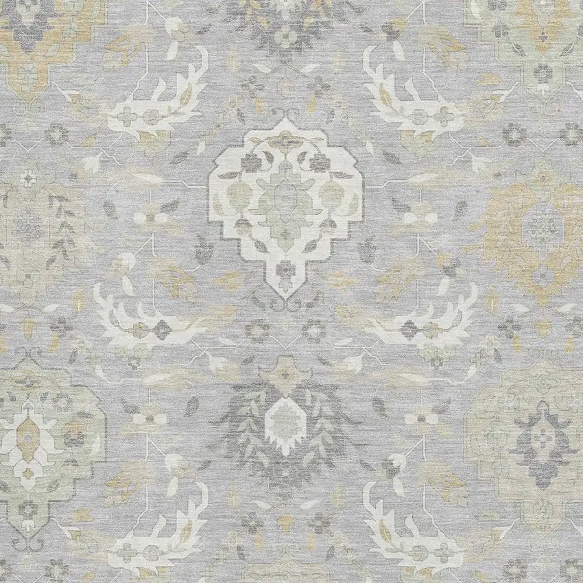 Gray Beige And Ivory Damask Washable Area Rug With UV Protection Photo 2
