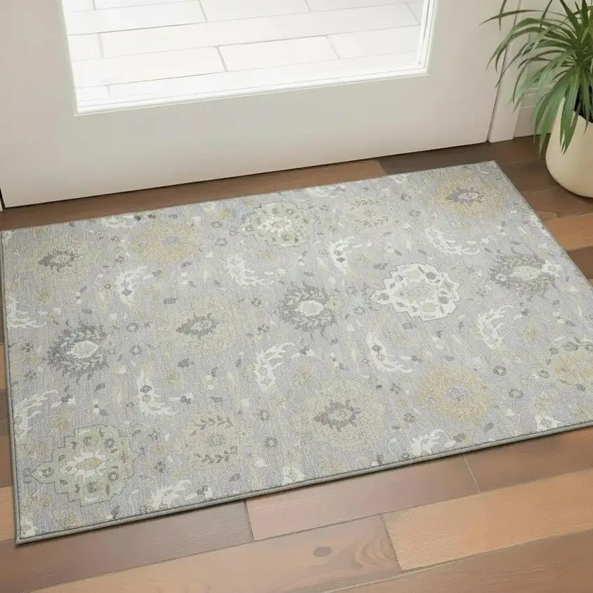 Gray Beige And Ivory Damask Washable Area Rug With UV Protection Photo 2