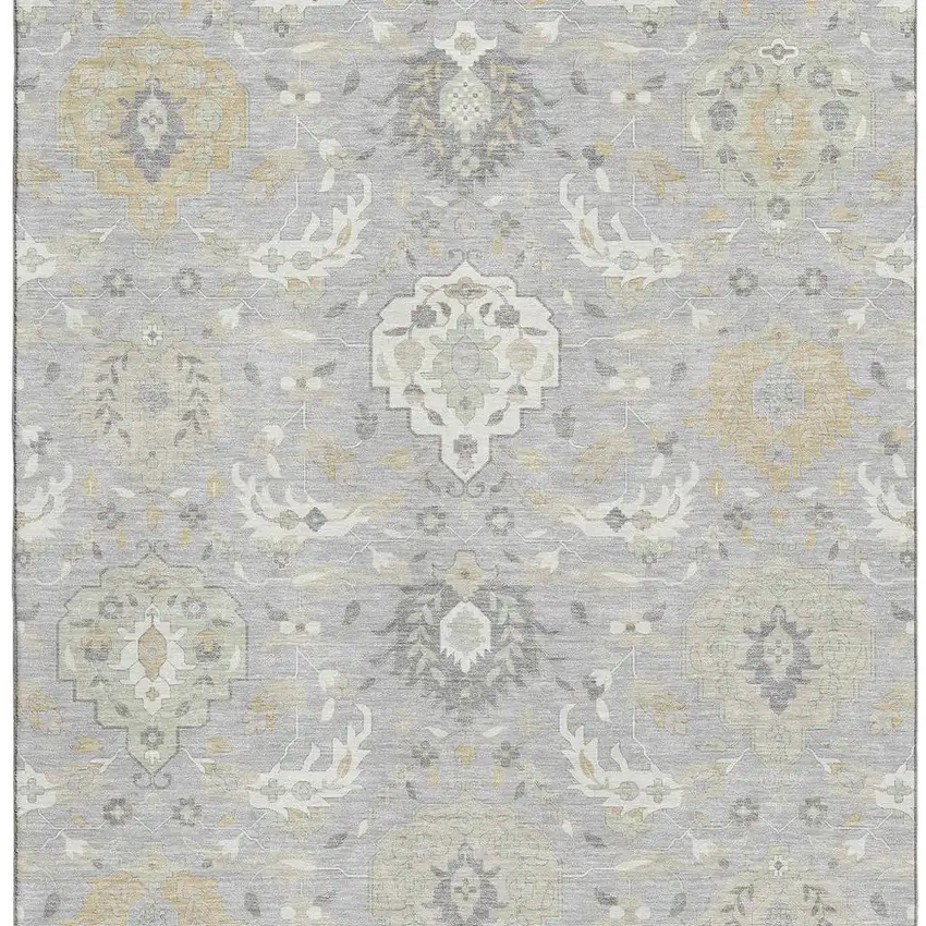 Gray Beige And Ivory Damask Washable Area Rug With UV Protection Photo 3