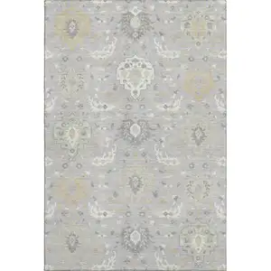 Photo of Gray Beige And Ivory Damask Washable Area Rug With UV Protection