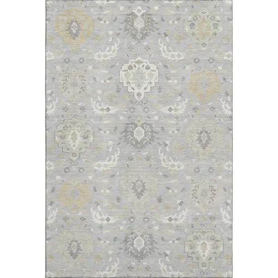 Gray Beige And Ivory Damask Washable Area Rug With UV Protection Photo 1