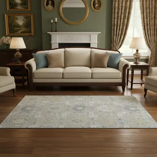 Gray Beige And Ivory Damask Washable Area Rug With UV Protection Photo 2