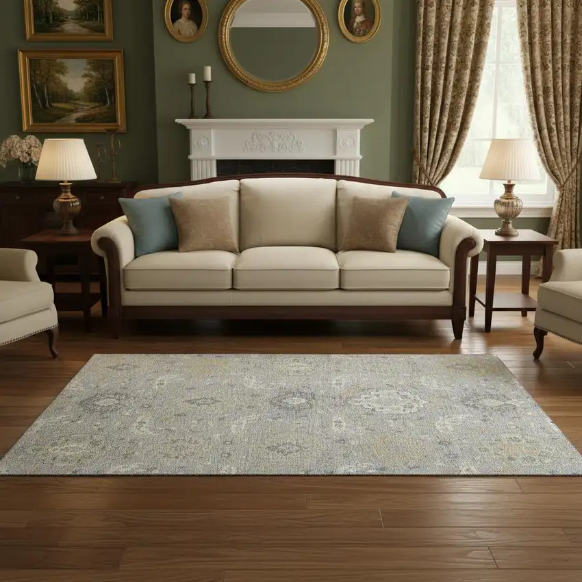 Gray Beige And Ivory Damask Washable Area Rug With UV Protection Photo 2