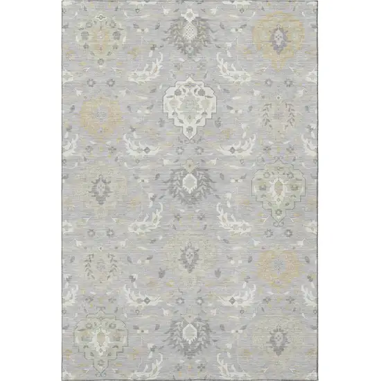 Gray Beige And Ivory Damask Washable Area Rug With UV Protection Photo 3