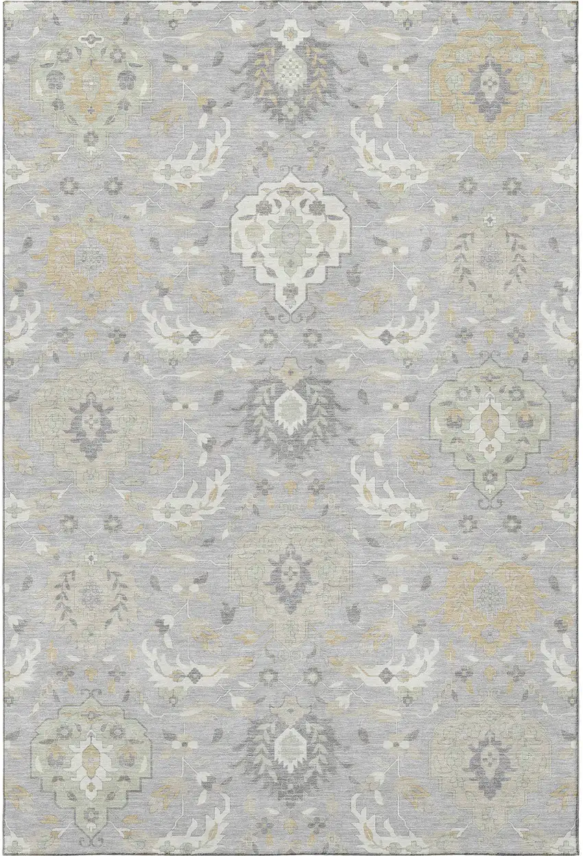 Gray Beige And Ivory Damask Washable Area Rug With UV Protection Photo 3