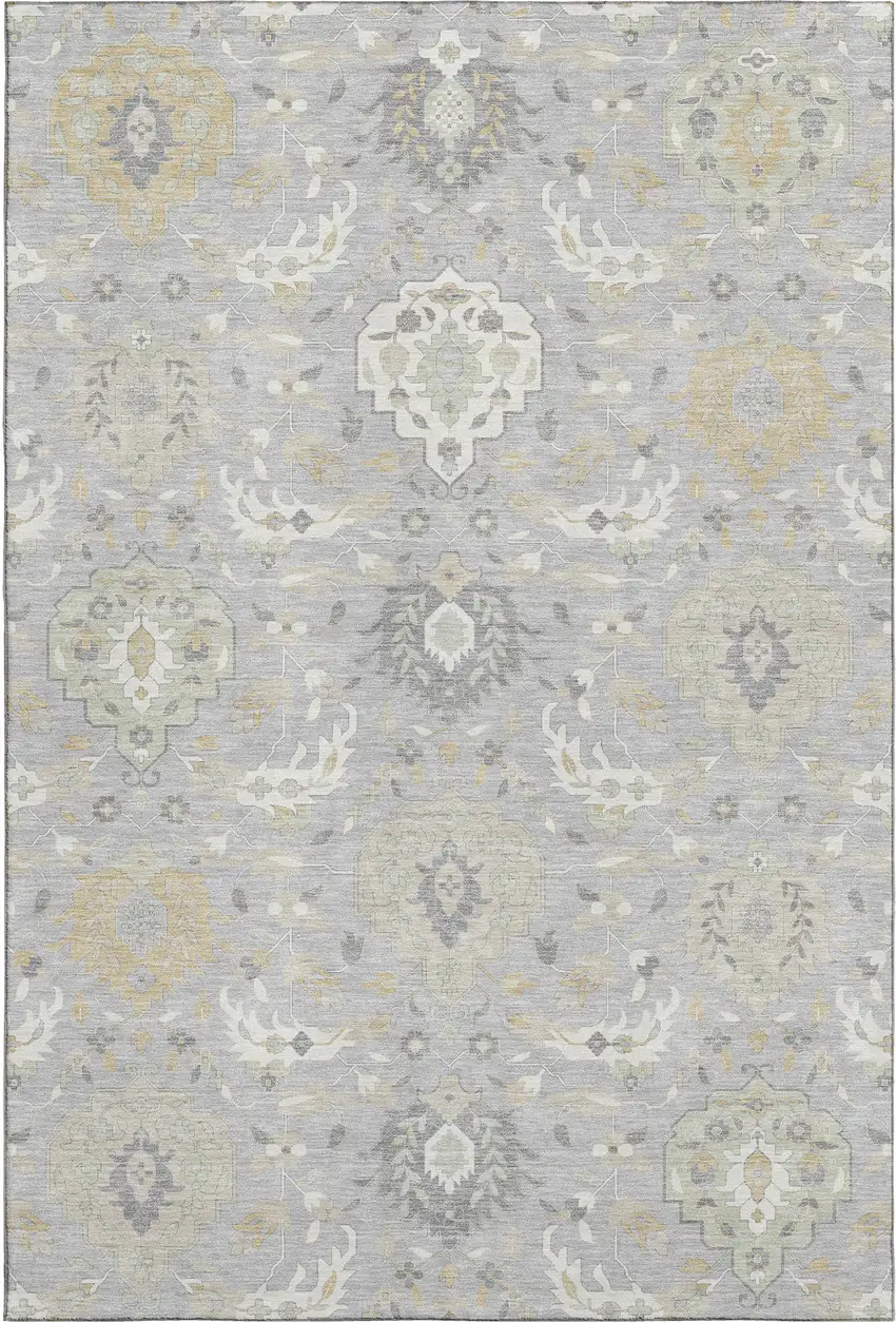 Gray Beige And Ivory Damask Washable Area Rug With UV Protection Photo 1