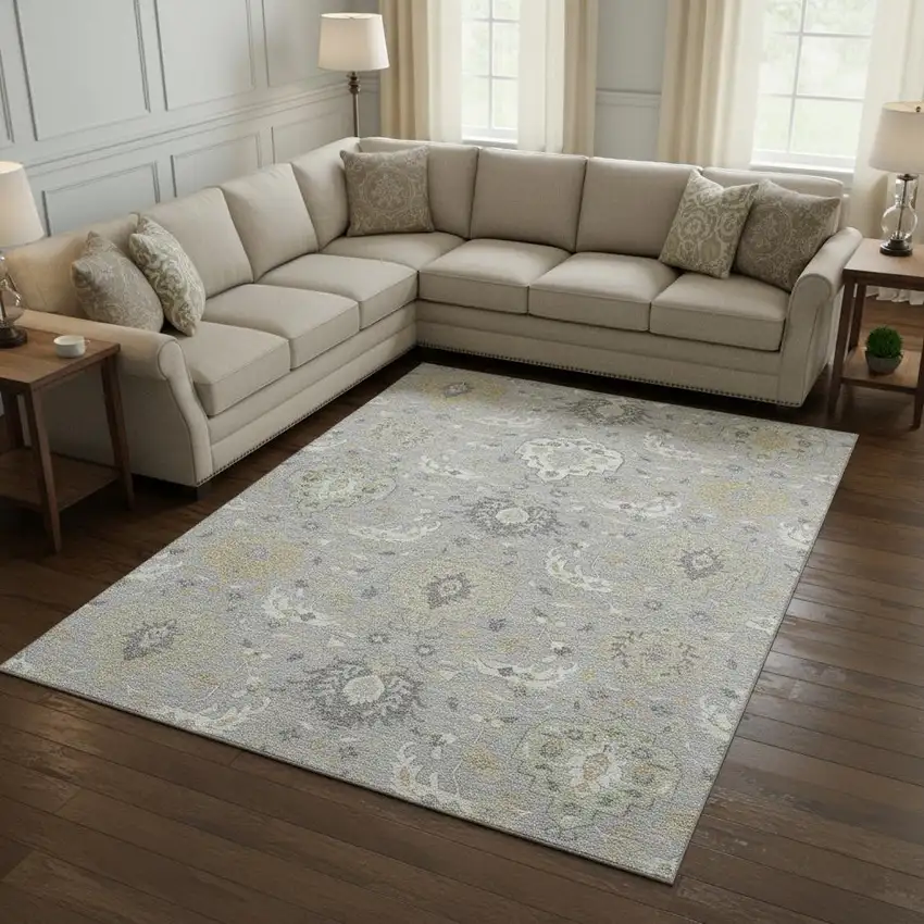 Gray Beige And Ivory Damask Washable Area Rug With UV Protection Photo 2