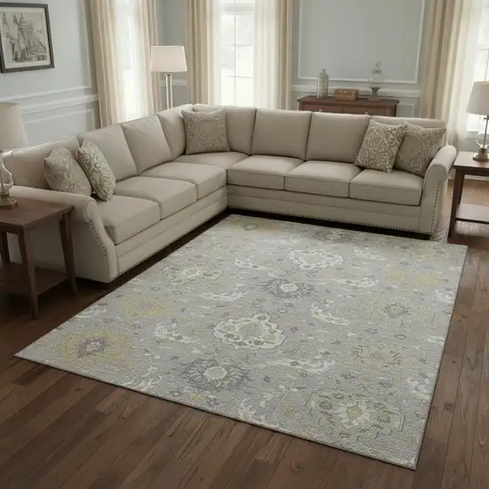 Gray Beige And Ivory Damask Washable Area Rug With UV Protection Photo 2