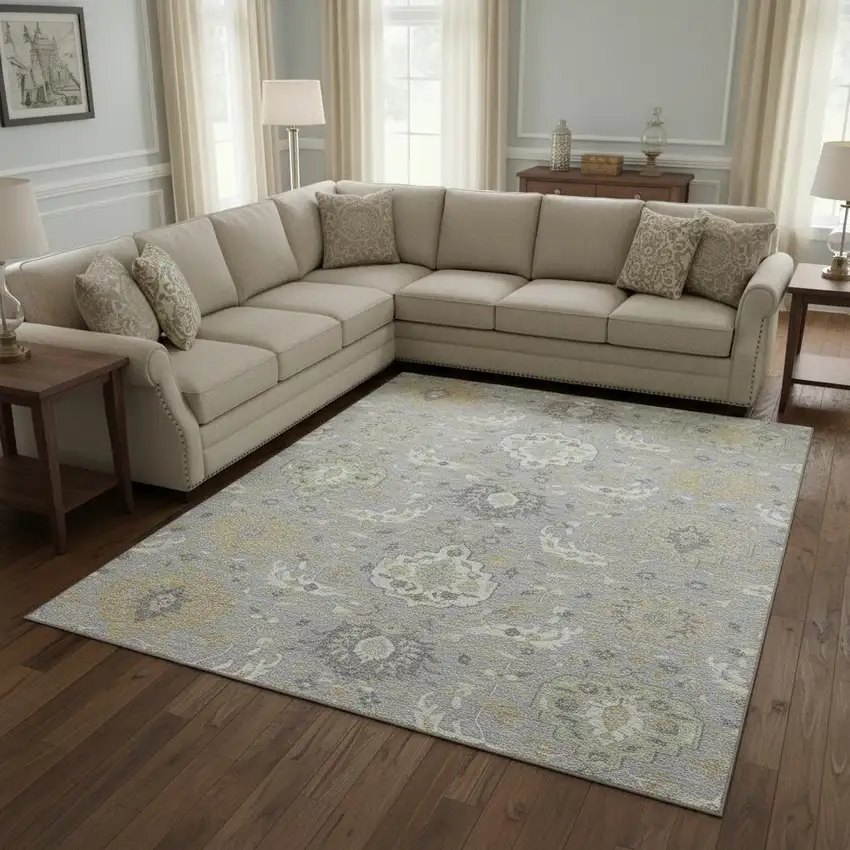 Gray Beige And Ivory Damask Washable Area Rug With UV Protection Photo 2