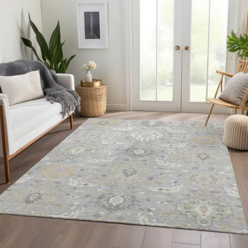 Gray Beige And Ivory Damask Washable Area Rug With UV Protection Photo 5